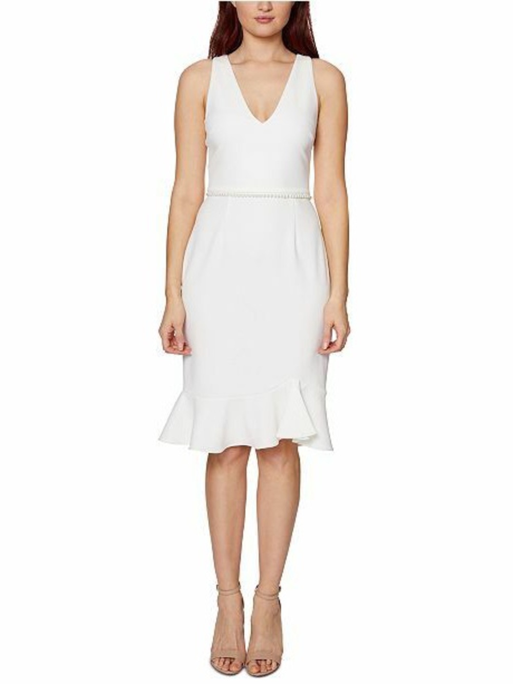 NWT Betsey Johnson White V-Neck Midi Dress with Flounce Hem